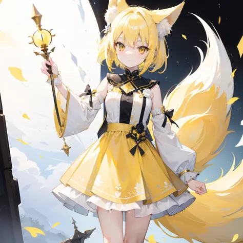 Short fluffy pale yellow hair，It has yellow fox ears，yellow eyes，Wear yellow and white，The one in white silk is a cute and cute girl