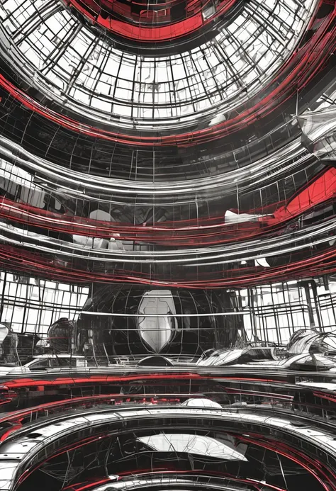 nave, extraterrestre vermelho com branco e preto,Transparent top in the shape of a dome, Realistic details and vivid textures. Tecnologia futurista,