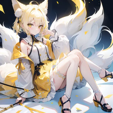 Short fluffy pale yellow hair，It has yellow fox ears，yellow eyes，Wear yellow and white，The one in white silk is a cute and cute girl