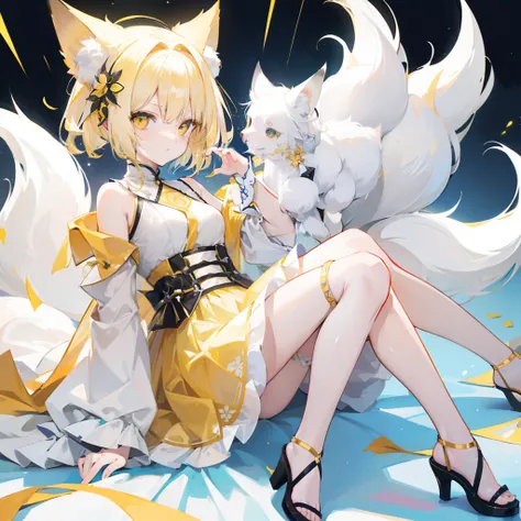 Short fluffy pale yellow hair，It has yellow fox ears，yellow eyes，Wear yellow and white，The one in white silk is a cute and cute girl