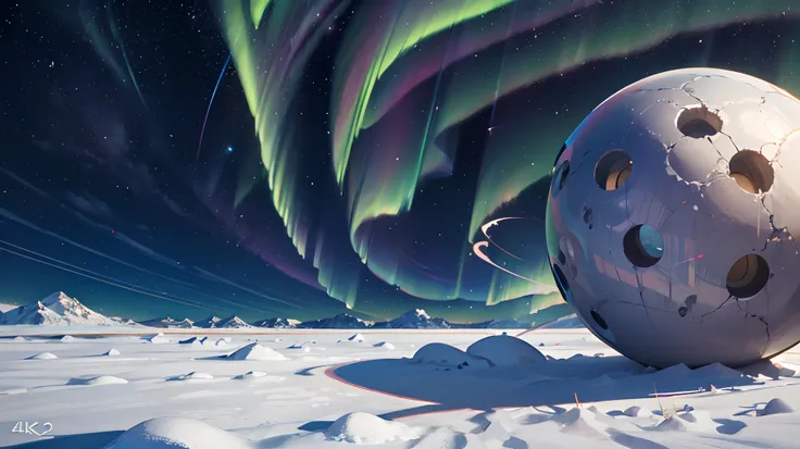 Gigantic sphere of plaster impacted with the mountain with little snow, medieval environment, huge cracks, purple and blue neon lights, flames coming out of the inside, lawn, background night sky highly full of stars and aurora boreais, full HD, 3D, 4K, ul...