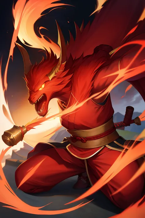 a man and squats on the a huge dragon,gu,wuxia,holding weapon,ADDBASE man,full body,Half squat,Asian men,yellow Hanfu,Fierce,Hair,thin,holding weapon,A city in ancient China,open mouth,BREAK, dragon,(dargons head:1.2),a red huge dargons head,huge,open_mout...