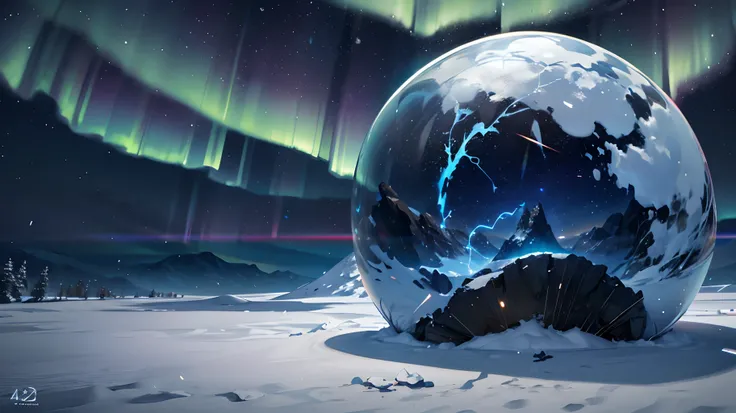 Gigantic sphere of plaster impacted with the mountain with little snow, medieval environment, huge cracks, purple and blue neon lights, flames coming out of the inside, lawn, background night sky highly full of stars and aurora boreais, full HD, 3D, 4K, ul...