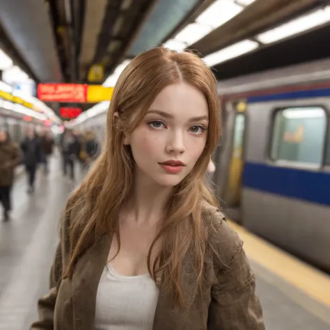 ((realistic skin texture, full body)), alluring swedish woman using lipstick, tank top casual outfit, ((ginger tied up mid hair)), subway platform and train blurred passing by, neon light details, cute pose looking away, huge hooters, ((best quality, best ...