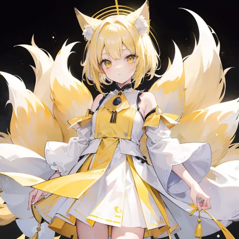 Short fluffy pale yellow hair，It has yellow fox ears，yellow eyes，Wear yellow and white，The one in white silk is a cute and cute girl