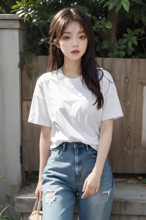 summer ,white shirt,short sleeves,jeans