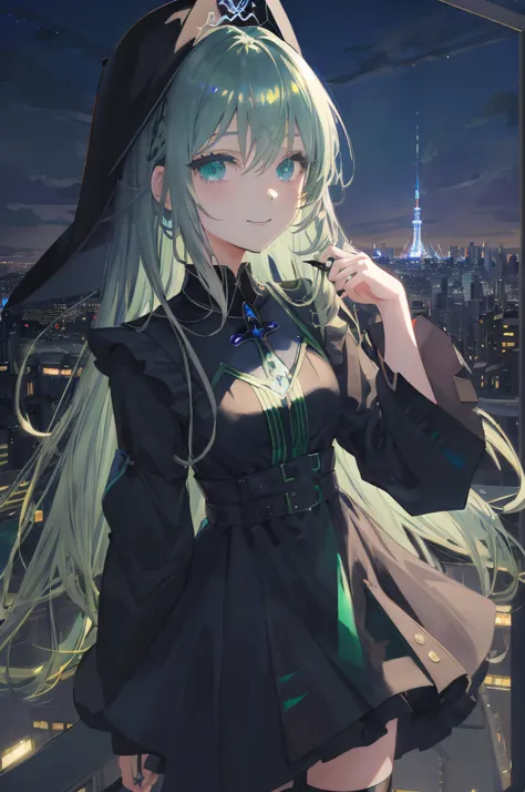 Art by Cornflower、dream-like（With blue eyes and long black hair、Teenage beautiful anime style girl。pale yellow shiny,、long-sleeve、Chest opened、Night view of Tokyo in the background、 Volumetric lighting、A slightly smiling face、 gothic dress、Wizard Hat、 Shor...