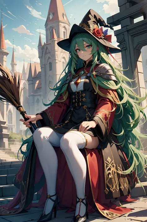 best qualityer，tmasterpiece，Ultimate resolution，downy，Extremely colorful，Colorful，Skysky，hilltop，（Red magic robe long dress），Long flowing green hair，The Witch，a matural female，（red high heel pumps），Sit on a magical broom，flight，Normal posture