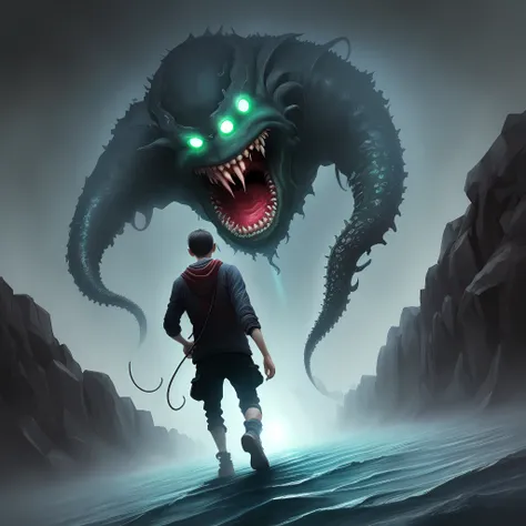 A painting shows a man struggling in the dark，Wriggle towards where there is Gods light，Behind him is unknown in the darkness，Tentacles with mucus（Tentacles of destiny）Attack him，His expression was terrified。