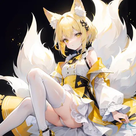 Short fluffy pale yellow hair，It has yellow fox ears，yellow eyes，Wear yellow and white，The one in white silk is a cute and cute girl