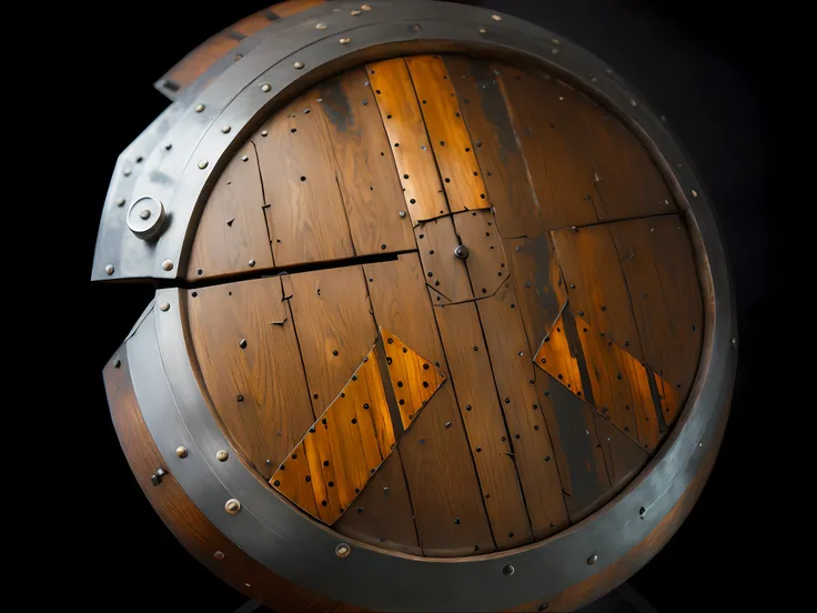 Oak barrel bottom lid，Shabby wooden round shield，The outer ring metal is severely damaged，, Cracks in the armor, Glowing cracks in armor, shield design, hardsurface armour, ancient symbol behind it, Steel, cracked steel, riot shield, damaged armor, metal s...