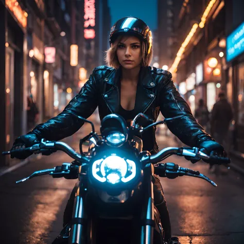 Hyper-realistic scene: woman on sleek motorcycle, no helmet, futuristic setting, urban cyberpunk vibe, intricate mechanical details, reflective surfaces, visor reflects city lights, close-up shot, powerful stare, dark alley background, steam rising, dramat...