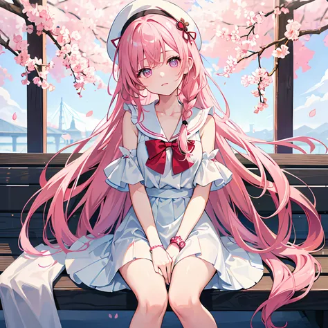 ｛1girll，独奏｝Long cherry blossom pink hair，Floating long hair，Single braid，Tie-up hair on one side，Red bandage，Staggered bangs，White color blouse，Delicate purple eyes，Bright pupils，The collarbone is clearly visible，White fedora，Short white dress，（Depressed e...