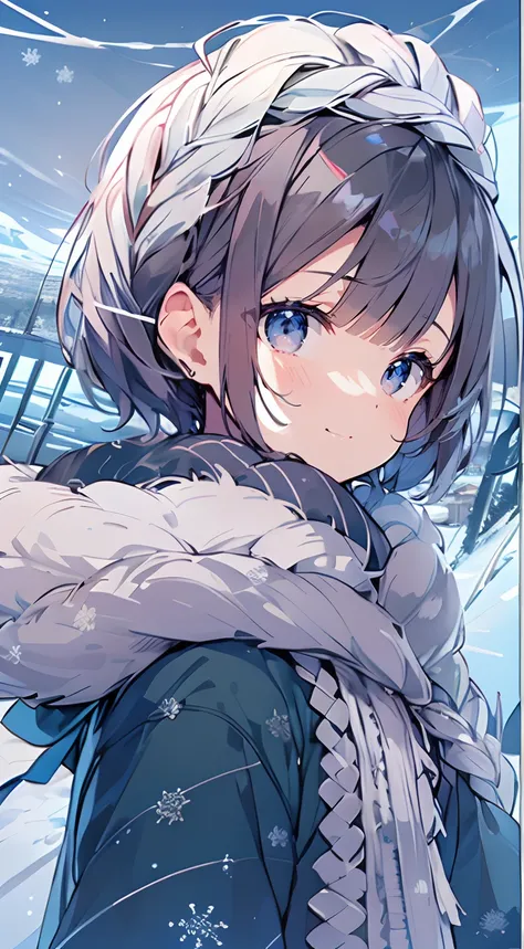 masutepiece, Best Quality,Illustration, Wallpaper, Ultra Detail, Absurd beauty, 1beautiful girl、(Medium short hair、short braided hair), Beautiful ultra-detailed eyes , Hair fluttering in the wind、X)))、♡、Smaller head、Winter scene、(a panoramic view:1.5)