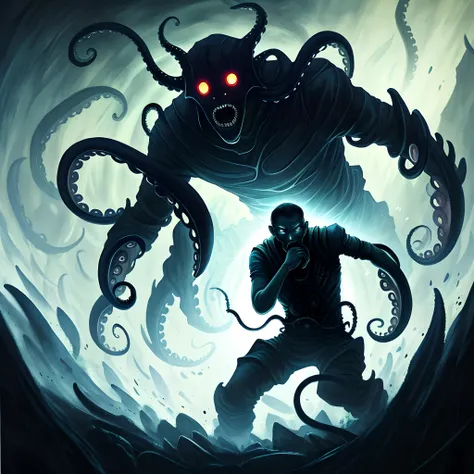 A painting shows a man struggling in the dark，Wriggle towards where there is Gods light，Behind him is unknown in the darkness，Tentacles with mucus（Tentacles of destiny）Attack him，His expression was terrified。