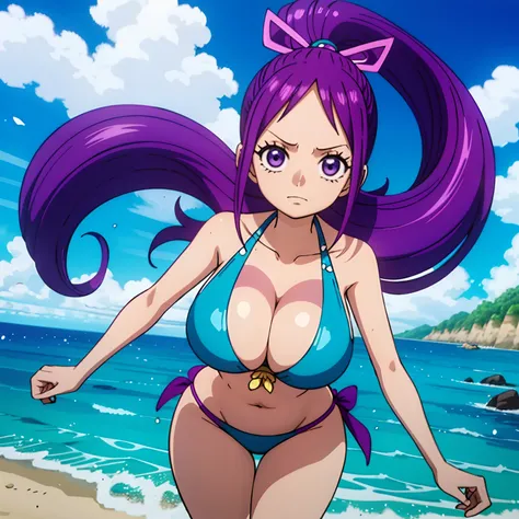 1个Giant Breast Girl，（Curvy figure），Purple colored hair，Purple eyes，Cross scars on the forehead，20yr old，sea beach，blue bikini，Blue fish tail，merfolk，One Piece painting style，Eiichiro Oda style。