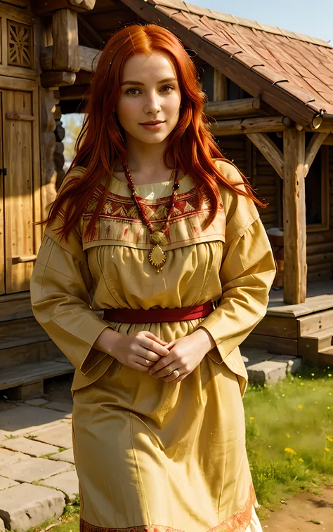 woman, (red hair:1.4), brown eyes, Polish ethnicity, (ethnic clothing:1.3), (ethnic jewelry:1.2), (traditional attire), (warm clothing:1.2), in front of a cabin, in the middle of plains, (sunny day), (golden hour), peaceful surroundings, (vast landscape:1....