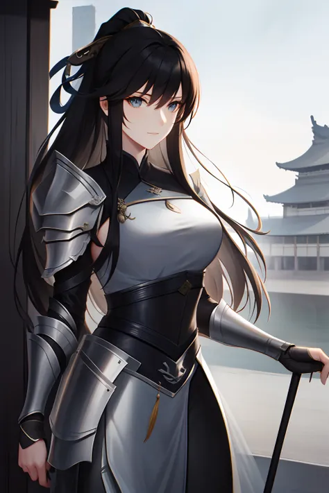 {high quality}, masterpiece, hd, grayscale, a knight warrior lady, ancient china, long hair, linen and leather armor, outdoors, ...