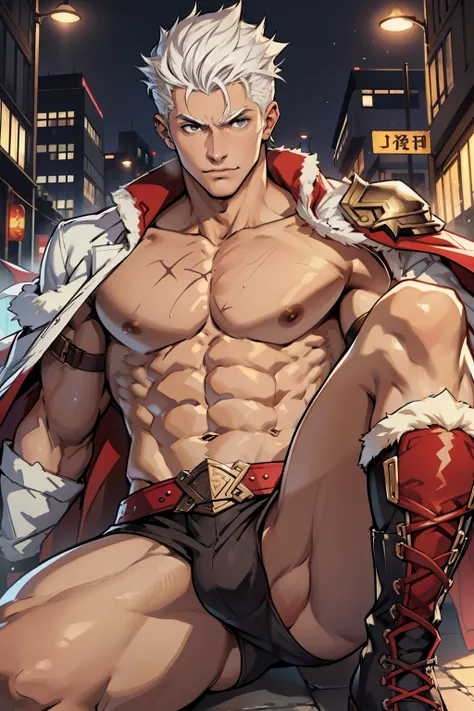 Highest image quality，male people，1 boy，Young and handsome，shoun，White color hair，Short flat top hair，Dark  skin，anime big breast，anime wallpaper，Solo，malefocus，Briefs，Dilation of the pectoral muscles，Red cape，Bulging crotch，Urban background，spread their l...