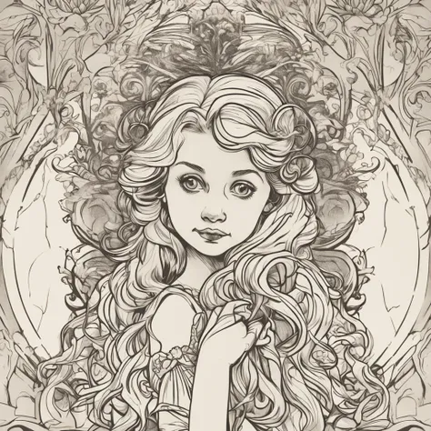 Classic logo for [Disneys Frozen] by Alphonse Mucha. The image’s  style portrait photograph of a girl looking directly into camera, close up --ar 10:16