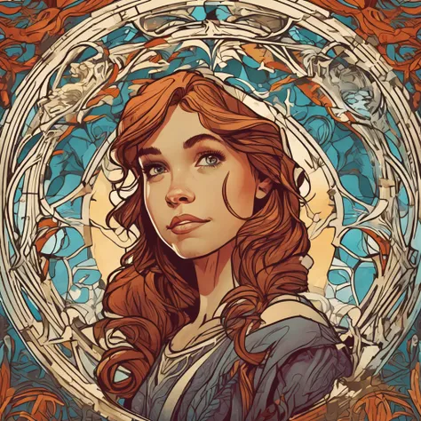 Classic logo for [Disneys Frozen] by Alphonse Mucha. The image’s  style portrait photograph of a girl looking directly into camera, close up --ar 10:16