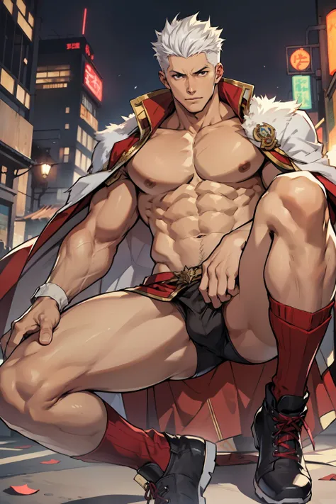 Highest image quality，male people，1 boy，Young and handsome，shoun，White color hair，Short flat top hair，Dark  skin，anime big breast，anime wallpaper，Solo，malefocus，Briefs，Dilation of the pectoral muscles，Red cape，Bulging crotch，Urban background，spread their l...