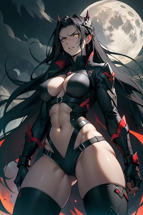 black hair, extremely long hair, yellow eyes, pale skin, muscular, large breasts, thick thighs, angry, black dragon, 1 girl, dark atmosphere, full moon