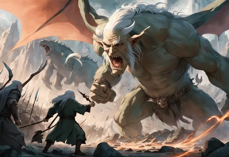 War of the Lord of the Rings The Orcs fighting Legolas and Gandalf, ogros gigantes dragones