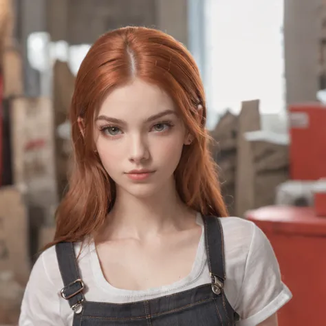 A 20 year old italian girl, ginger tied up hair, gray eyes, and a perfect face, rendered in a photorealistic style with sharp edges and a vibrant atmosphere, standing inside a toy store with a top tank shirt, front view, cute posing, big lips,