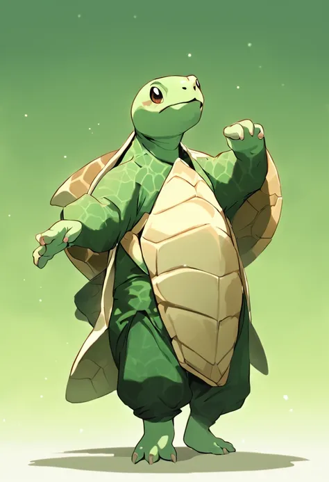 anthropomorphic turtle，Green background，simplebackground，solid color backdrop，Full body frontal photo，1 Cute Hanfu Panda Man，standing on your feet，full bodyesbian, Solo,frontage，facing to audience, ssmile，Background bokeh，lightand shade contrast，tmasterpie...