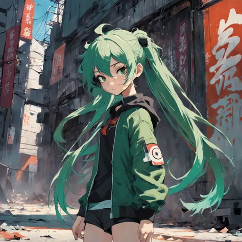 Cinematic Anime Illustration, Creative Design, Green Hair Anime Girl, Full Body Portrait, Character Design, Graffiti, by Ashley Wood and Jamie Hewlett --aspect 1280:1920