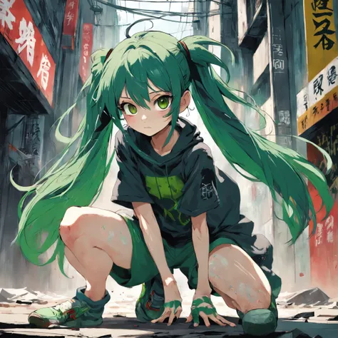 Cinematic Anime Illustration, Creative Design, Green Hair Anime Girl, Full Body Portrait, Character Design, Graffiti, by Ashley Wood and Jamie Hewlett --aspect 1280:1920