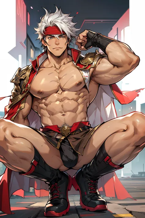 Highest image quality，male people，child，1 boy，Young and handsome，shoun，White color hair，Short flat top hair，Dark  skin，anime big breast，anime wallpaper，Solo，malefocus，Briefs，Dilation of the pectoral muscles，Red cape，Bulging crotch，Urban background，spread t...