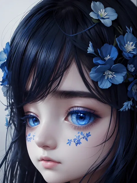 a beautiful picture of a girl with blue flowers on her face, in the style of monochromatic paintings, dark sky-blue and dark navy, dark sky-blue and dark white, multilayered realism, luminous shadowing, anime-inspired, elegant outlines