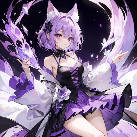 Short fluffy lilac hair，It has purple fox ears，a purple eye，Dressed in purple and white，Wearing black silk is a sexy royal sister