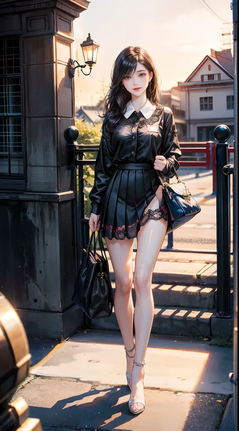 Anime girl standing on the street, the most beautiful artwork in the world, exposed all body, height, 170cm, wearing high heels, beautiful anime girl, seductive anime girl, slim body, snow-white skin, lace skirt, slightly open lips, skirt, fashion, charmin...