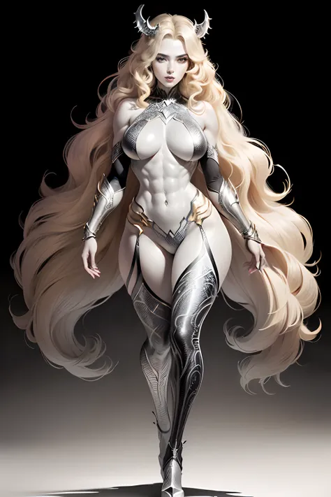 Coloring page Line art, Black and white, intricate line art, stunningly beautiful beast woman, monochrome, blonde long wavy hair, sparkling gold big eyes, abs, great proportions, full body shot, background, anime coloring page, fantasy, portrait, coloring ...