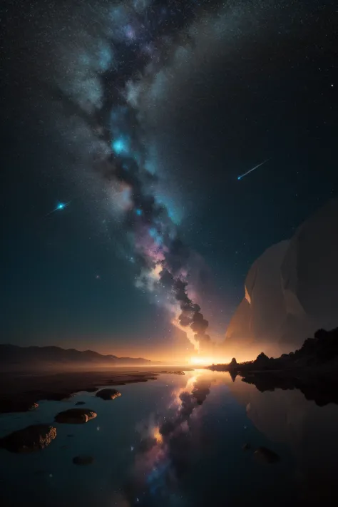 "Por favor, generate an image that represents the essence of a rebellious star that fell to Earth in search of redemption.

Imagine a magical night scene. No centro da imagem, uma estrela brilhante e luminosa, envolta em tons de azul profundo e prata cinti...