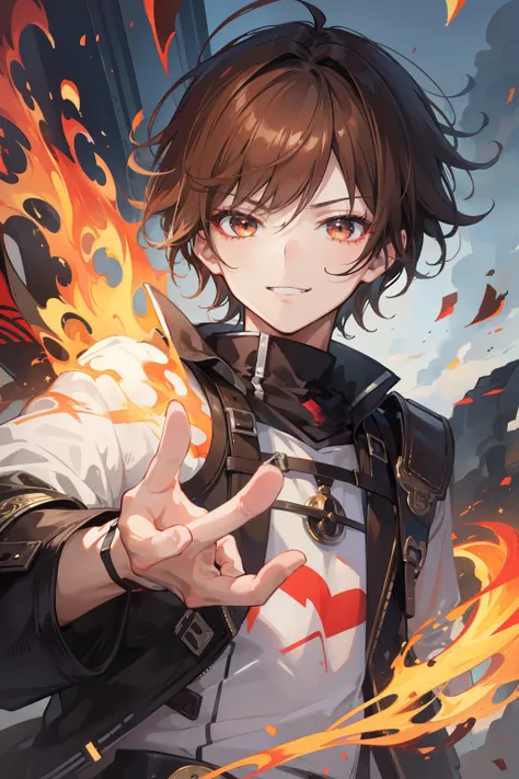 masterpiece, high quality, ultra detail, anime, boy, 1boy, fire, provocative look, smug smile, Brown hair, short hair, messy hair