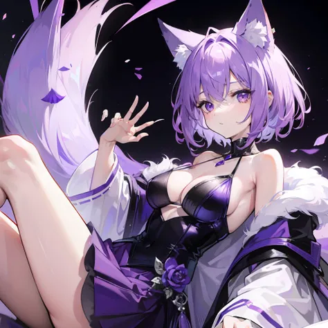 Short fluffy lilac hair，It has purple fox ears，a purple eye，Wearing purple and white clothes，Wearing black silk is a sexy royal sister