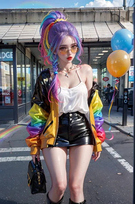 masterpiece, best quality, 1 girl, pretty and cute, (rainbow color Highlight Hair,colorful hair:1.4), wearing blue and purple sunglasses, yellow jacket with white pattern, white sweater, many colored balloons, doll face, ponytail braid, perfect detail eyes...