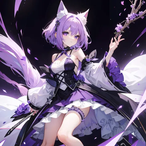 Short fluffy lilac hair，It has purple fox ears，a purple eye，Dressed in purple and white，Wearing black silk is a sexy royal sister