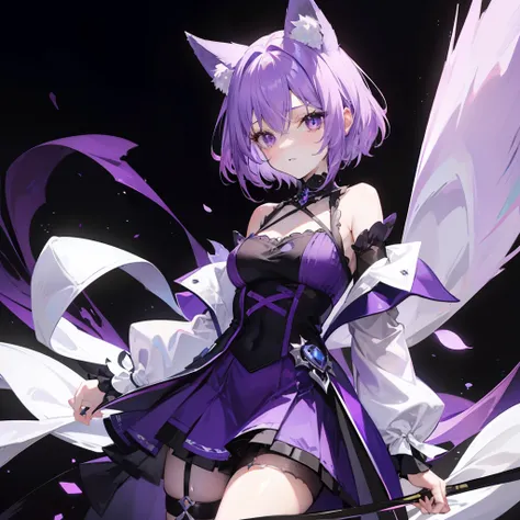 Short fluffy lilac hair，It has purple fox ears，a purple eye，Dressed in purple and white，Wearing black silk is a sexy royal sister