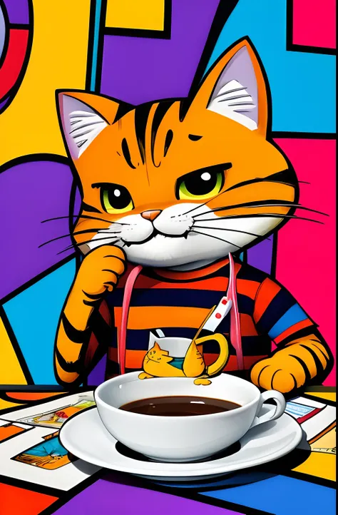 (CAT GARFIELD FROM THE ORIGINAL COMIC BOOK SERIES), (WITH ALL THE PHYSICAL DETAILS OF THE ORIGINAL ),SMILE HAVING A CUP OF COFFEE EDUARDO KOBRA ,Romero Brito,The Filling Twins ,multidimensional geometric wall PORTRAIT, arte, Chibi,
Yang08k, lindo, Colourin...