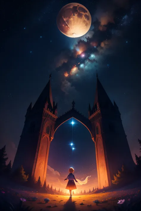 "Crie uma imagem com uma atmosfera encantadora e infantil. Nessa imagem, inclua os personagens, both exploring a night scene full of wonders. Add a starry sky with smiling stars and a friendly watching moon. Ademais, Insert a translucent spirit with a frie...