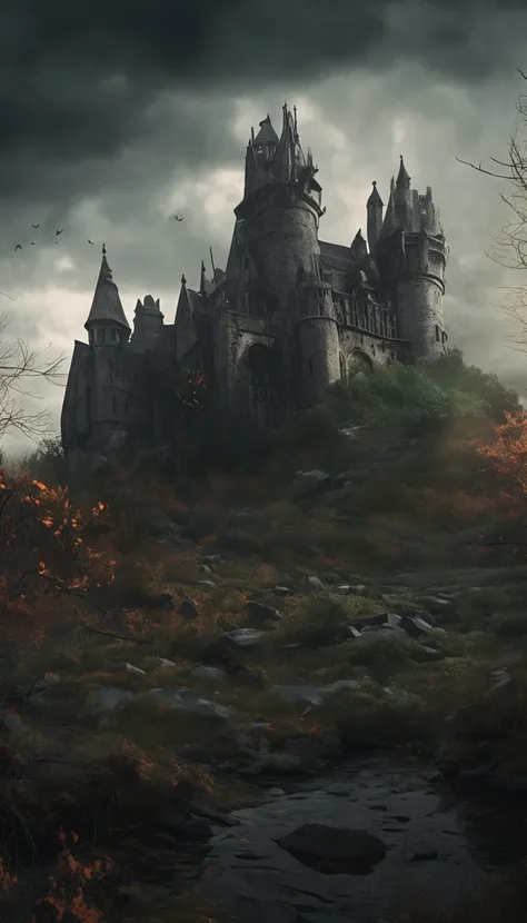 A dark and foreboding fantasy landscape, featuring a haunted and abandoned castle, with twisting vines, ghostly apparitions, and a foreboding atmosphere that creates a sense of mystery and intrigue, artstation, digital illustration, highly detailed, trendi...