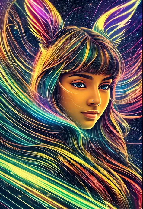 Nineteen year old indian American female, head portrait, monk robes, psychedelic rabbit who fly in Aurora borealis sky, full HD, 3D, 4K, ultra realistic, ultra detailed, hyper realism, hyper perfectionist, ultra magnificent, highly extraordinary, rigidly s...