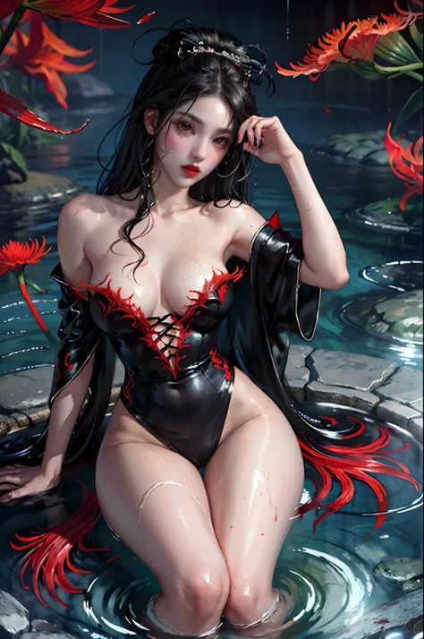 Masterpiece,  8K wallpaper, super detailed, portrait,(full body),
(1 girl:1.3),huge breasts:1.2,solo,//( long black hair:1.3)//,(Medium breasts), ((Perfect body)),//(Beautiful detailed red eyes: 1.3)//,(Back:1.4),(Wet body:1.15),
//kimono,(unbuttoned cloth...