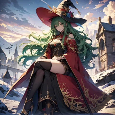 best qualityer，tmasterpiece，Ultimate resolution，downy，Extremely colorful，Colorful，Skysky，hilltop，（Red magic robe long dress），Long flowing green hair，The Witch，a matural female，（red high heel pumps），Sit on a magical broom，flight，Normal posture