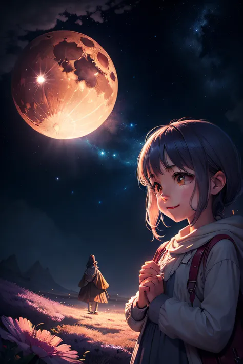 "Crie uma imagem com uma atmosfera encantadora e infantil. Nessa imagem, inclua os personagens, both exploring a night scene full of wonders. Add a starry sky with smiling stars and a friendly watching moon. Ademais, Insert a translucent spirit with a frie...